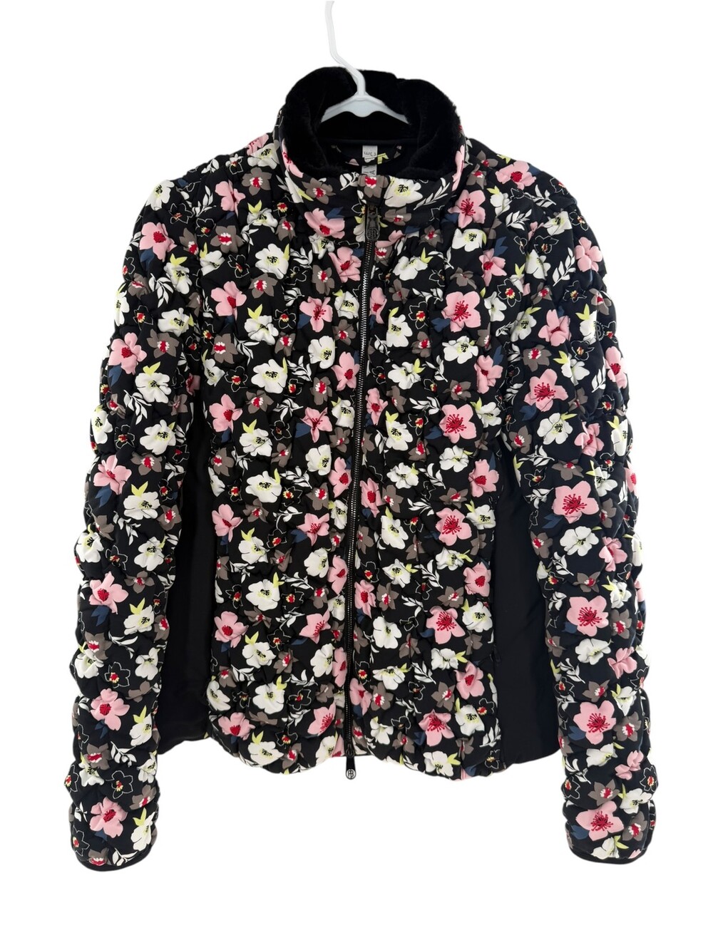Poivre Blanc Quilted Puffer Jacket Floral Black Pink Women's Size Medium